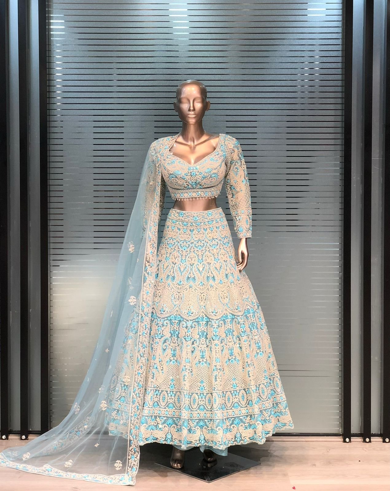 Sky Blue Lehenga Choli with Embroidered Net Dupatta